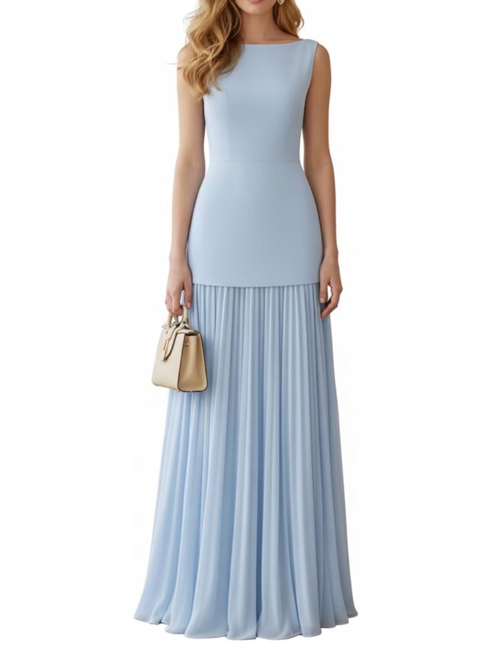 Elegant Women’s Light Blue Sleeveless Pleated Two-Piece Dress